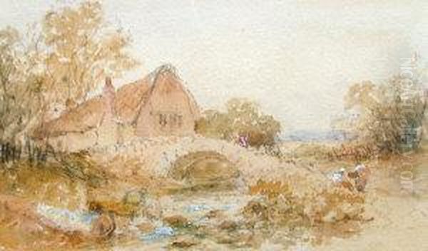 Follower Of Myles Briket Foster, 19th Century- Figures By A Cottage by Myles Birket Foster