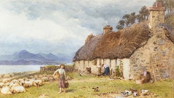 A Cottage At Balmacara, Skye In The Distance Oil Painting by Myles Birket Foster