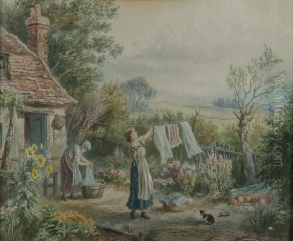 A Cottage Scene Oil Painting by Myles Birket Foster