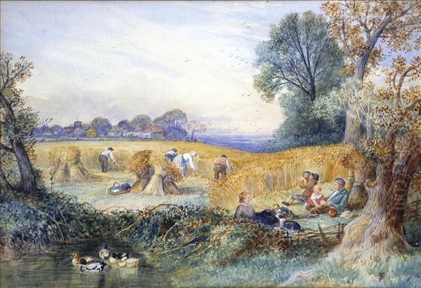 Haymaking And Harvesting Oil Painting by Myles Birket Foster