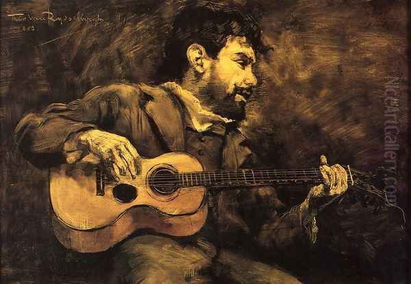 Dario de Regoyos Playing the Guitar Oil Painting by Theo van Rysselberghe