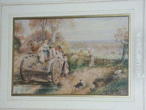 The Hunt Followers, A Busy Summer Scene With Figures And Vegetable Cart Oil Painting by Myles Birket Foster