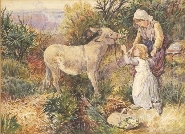 Two Younggirls With A Donkey. Oil Painting by Myles Birket Foster