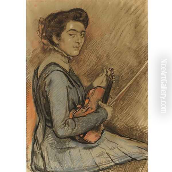 Renee Druet au violon Oil Painting by Theo van Rysselberghe