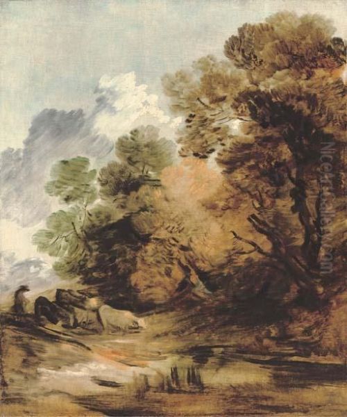 Wooded Landscape With A Herdsman Driving Cattle Towards A Pool Oil Painting by Thomas Gainsborough