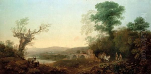 River Landscape With Travellers 
Resting On The Edge Of A Wood A Horse Drawn Cart
 Before A Bridge And Donkeys On A Bank Oil Painting by Thomas Gainsborough