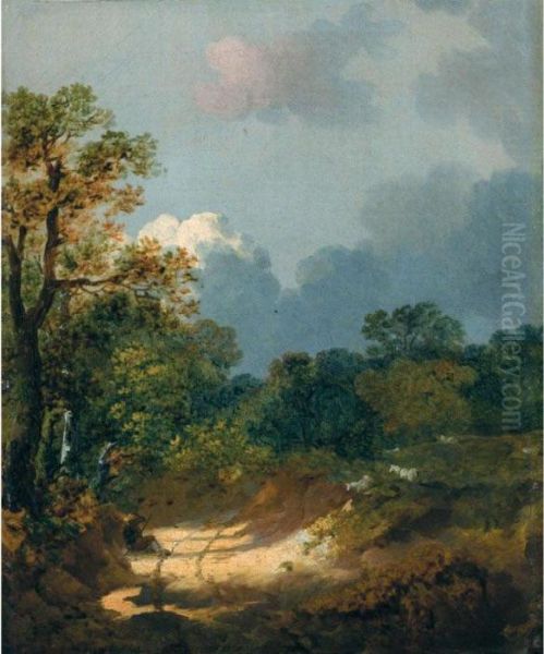 Wooded Landscape With Shepherd Resting By A Sunlit Track And Scattered Sheep Oil Painting by Thomas Gainsborough