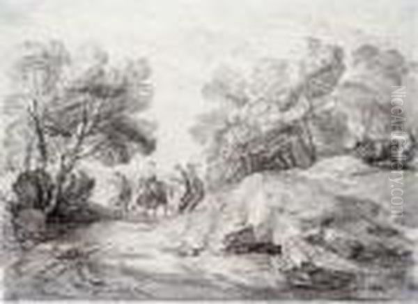 Wooded Landscape With Four Riders And Two Cows Oil Painting by Thomas Gainsborough