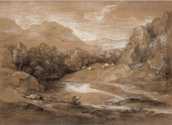 Mountain Landscape With Figure, Sheep And Stream Oil Painting by Thomas Gainsborough