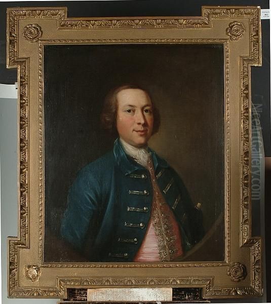 Portrait Half Length Of A 
Gentleman Wearing A Blue Coat And A Pink Waistcoat, Holding A Tricorn 
Hat Under His Arm. Oil Painting by Thomas Gainsborough