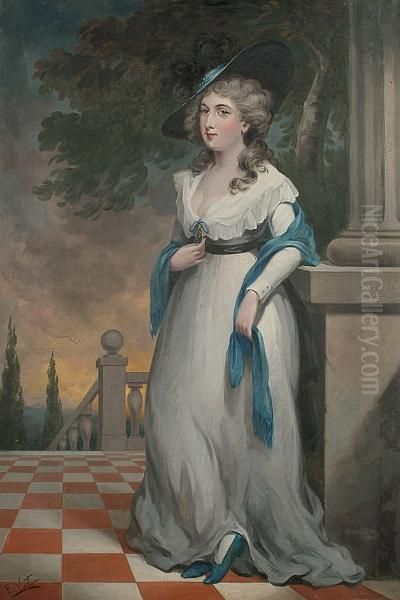 Portrait Of A Lady Full Length, Standing On A Terrace, Holding A Miniature Oil Painting by Thomas Gainsborough