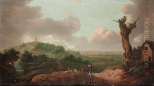 An Extensive Landscape With Farmers Resting With Their Flock Of Sheep Oil Painting by Thomas Gainsborough