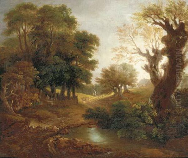 A Wooded Landscape With Figures, A Cottage And Pool Oil Painting by Thomas Gainsborough