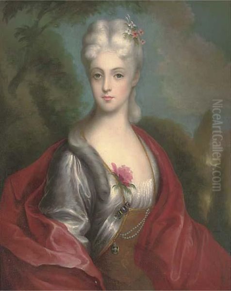 Portrait Of A Lady, Half-length, In A Red Wrap, A Landscapebeyond Oil Painting by Thomas Gainsborough