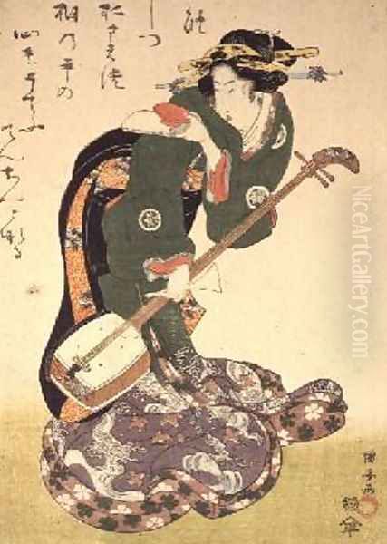 Courtesan with musical instrument Oil Painting by Utagawa Kuniyoshi