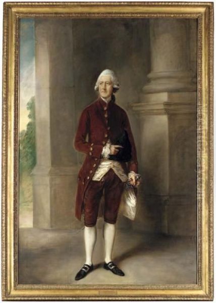 Portrait Of Sir Charles Gould, 
Full-length, In A Brown Coat And Breeches And A White Waistcoat, Holding
 A Tricorn In His Right Hand, His Left Hand On The Hilt Of A Sword, In 
An Architectural Interior With A Column On A Plinth Oil Painting by Thomas Gainsborough