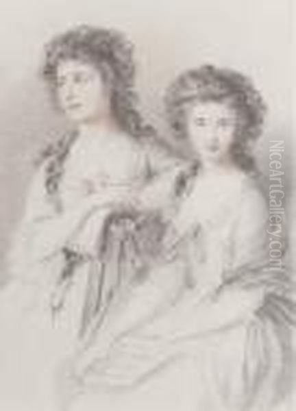 Double Portrait Of Elizabeth Ann
 Linley And Her Sister, Mary, Three-quarter-length, In White Dresses Oil Painting by Thomas Gainsborough