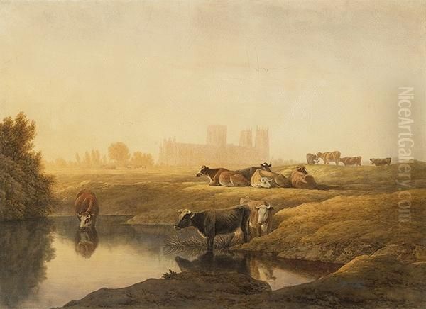 Cattle In Water Meadows With York Minster In The Distance Oil Painting by John Glover