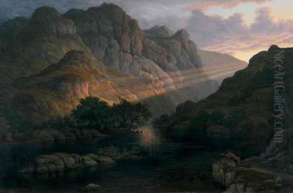 Sunset, A Mountainous Lake Landscape With A Boy Fishing Oil Painting by John Glover