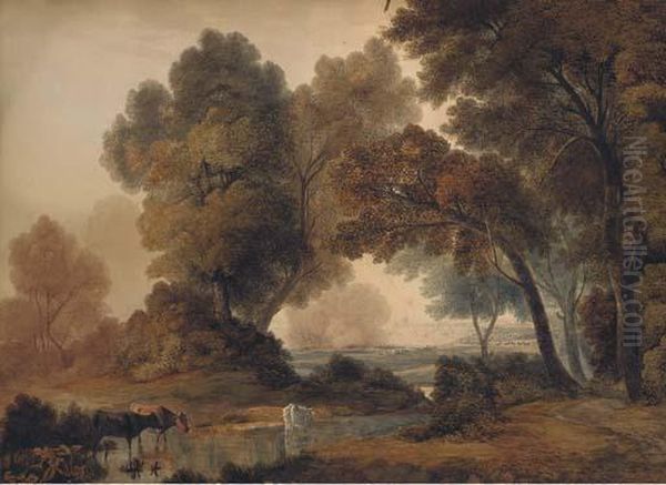 Cattle Grazing In An Extensive Landscape Oil Painting by John Glover