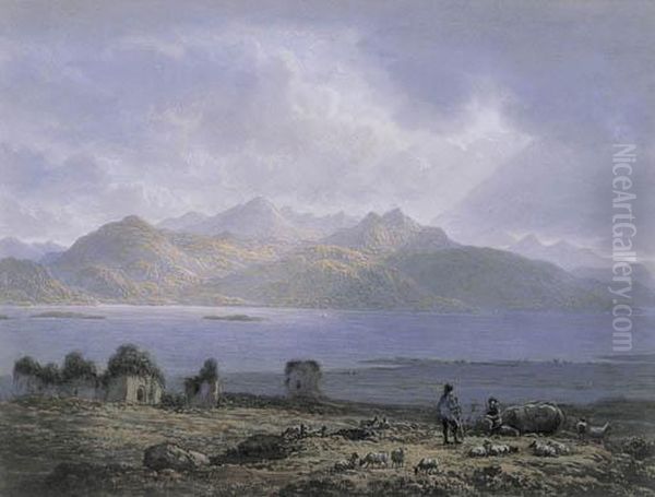 Shepherds With A Flock And A Ruin On The Banks Of A Lock With Distant Mountains Oil Painting by John Glover