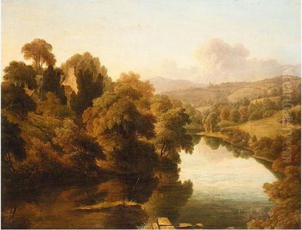 View Of The River Wye With Distant Mountains Oil Painting by John Glover