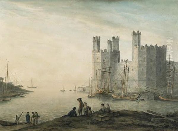 Caernarvon Castle, With Boats And Figures In The Foreground Oil Painting by John Glover