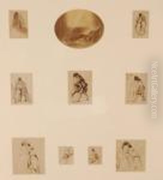 Frederick Goodall , 9 Miniature 
Pen And Ink Figure Study Sketches Including 