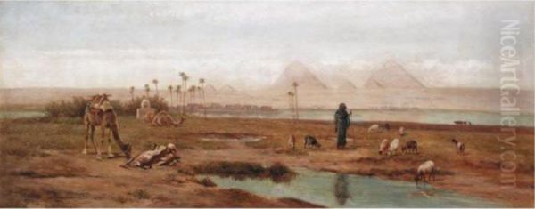 Camels And Goatherd At The Pyramids At Gizeh Oil Painting by Frederick Goodall