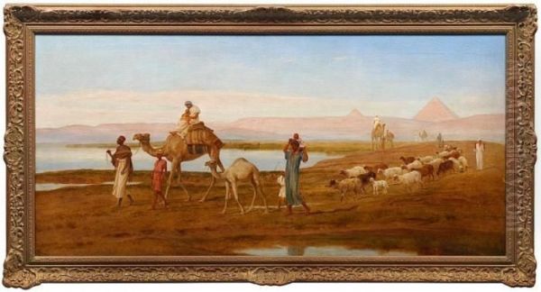 Durch Die Wuste Wandernde Beduinen Vor Den Pyramiden In Agypten Oil Painting by Frederick Goodall