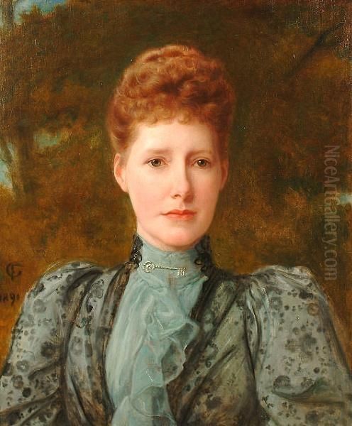 Portrait Of A Lady, Bust Length, Wearing A Grey Dress. Oil Painting by Frederick Goodall