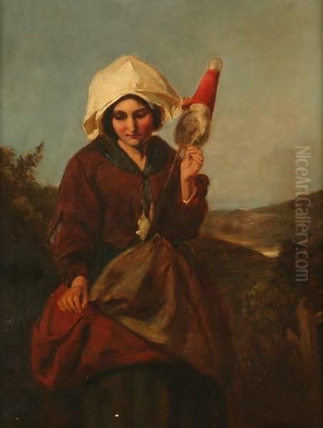 Girl Spinning Wool With Distaff Oil Painting by Frederick Goodall