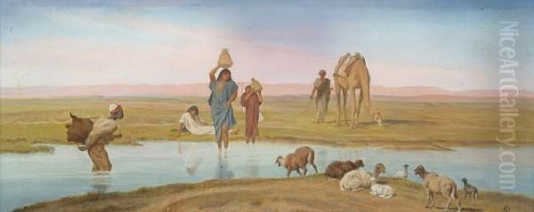 A Watering Hole Oil Painting by Frederick Goodall