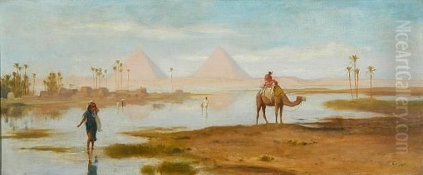 Figures On The Nile With Pyramids Beyond Oil Painting by Frederick Goodall