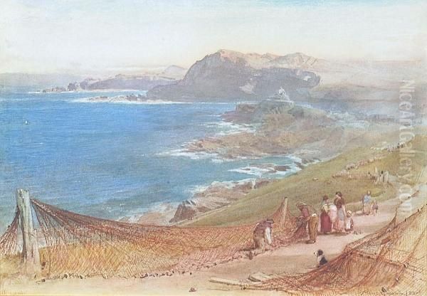 Mending Nets, Ilfracombe Oil Painting by Albert Goodwin