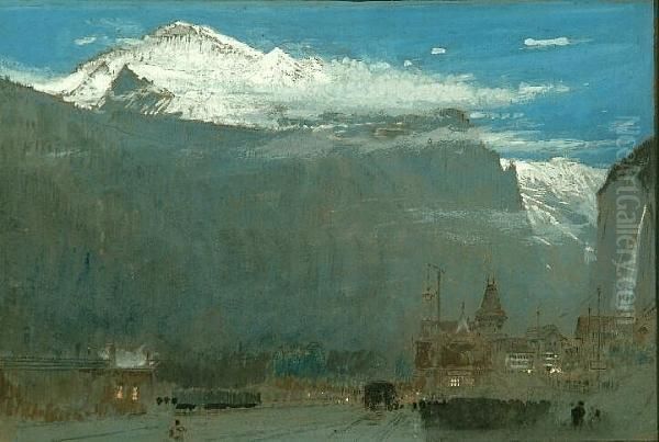 A View Of The Alps From A Valley Town Oil Painting by Albert Goodwin