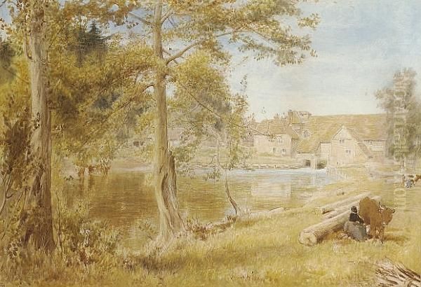 The Thames At Streatley Mill Oil Painting by Albert Goodwin