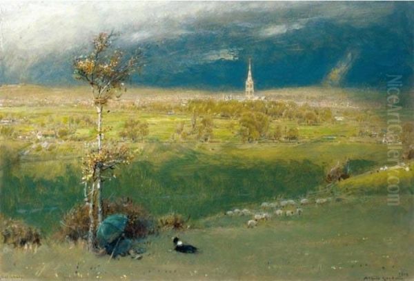 A Storm Over Salisbury Oil Painting by Albert Goodwin