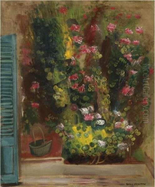 Flowers On The Window Ledge Oil Painting by Boris Dimitrevich Grigoriev