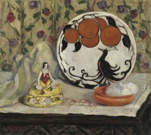 Still Life With Porcelain Figure, Plate And Bowl On A Table Oil Painting by Boris Dimitrevich Grigoriev