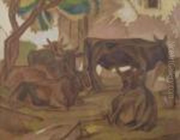 Cows In Shed. Oil Painting by Boris Dimitrevich Grigoriev