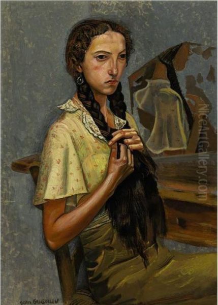 Portrait Of A Girl At The Mirror Oil Painting by Boris Dimitrevich Grigoriev