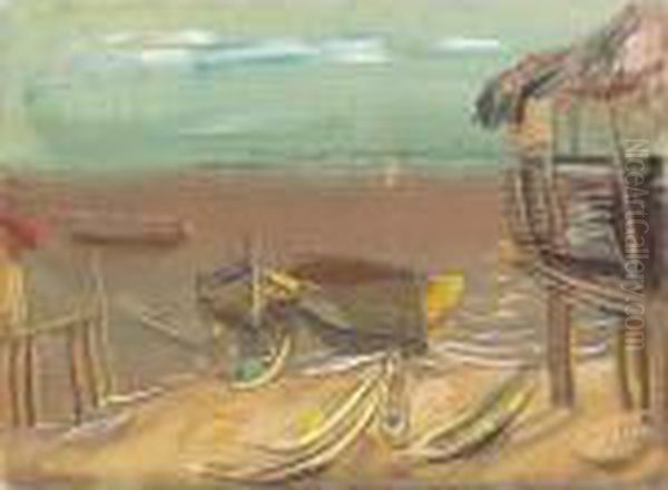 Boats On The Seashore Oil Painting by Boris Dimitrevich Grigoriev