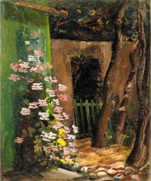 Flowers In The Yard Oil Painting by Boris Dimitrevich Grigoriev