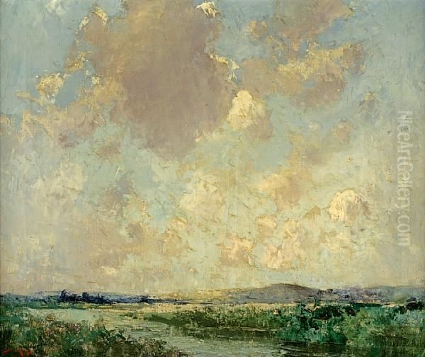 A River Landscape Under Billowing Clouds Oil Painting by William Lee Hankey