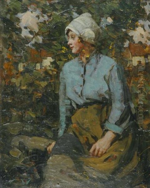 Country Girl With Farm Buildings In The Distance by William Lee Hankey