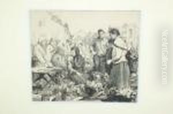 R.w.s., R.i., R.o.i., R.e., N.s.
 Market Place With Figures, Possibly Brittany Signed Artist's Proof, 
Black And White Drypoint Etching, 23cm By 25.5cm by William Lee Hankey