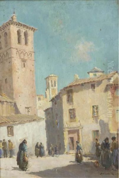 A Continental Village Square Oil Painting by William Lee Hankey