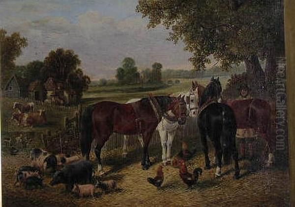 A Farmyard Scene With Horses, Pigs And Chickens, An Extensive Landscape Beyond Oil Painting by John Frederick Herring Snr