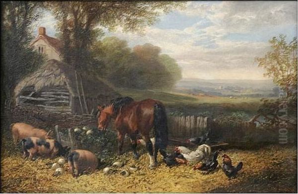 A Farmyard Scene, Before An Extensive Landscape Oil Painting by John Frederick Herring Snr